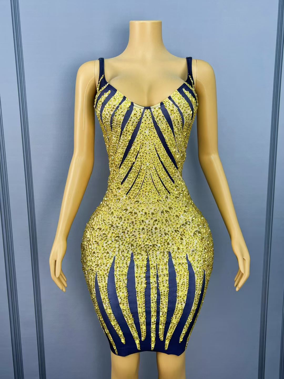 Huangjin Gold Striped Diamond Strap Mini Dress