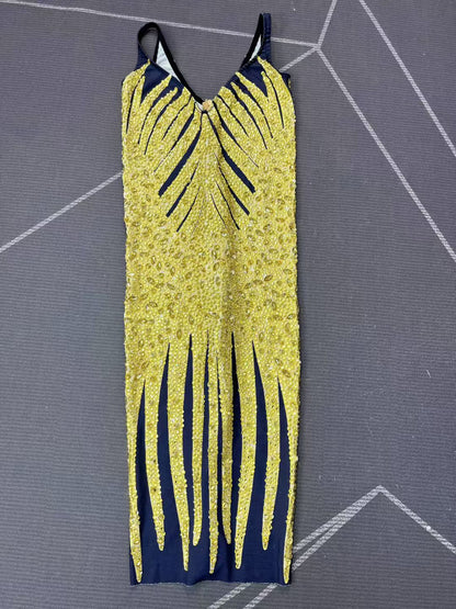 Huangjin Gold Striped Diamond Strap Mini Dress