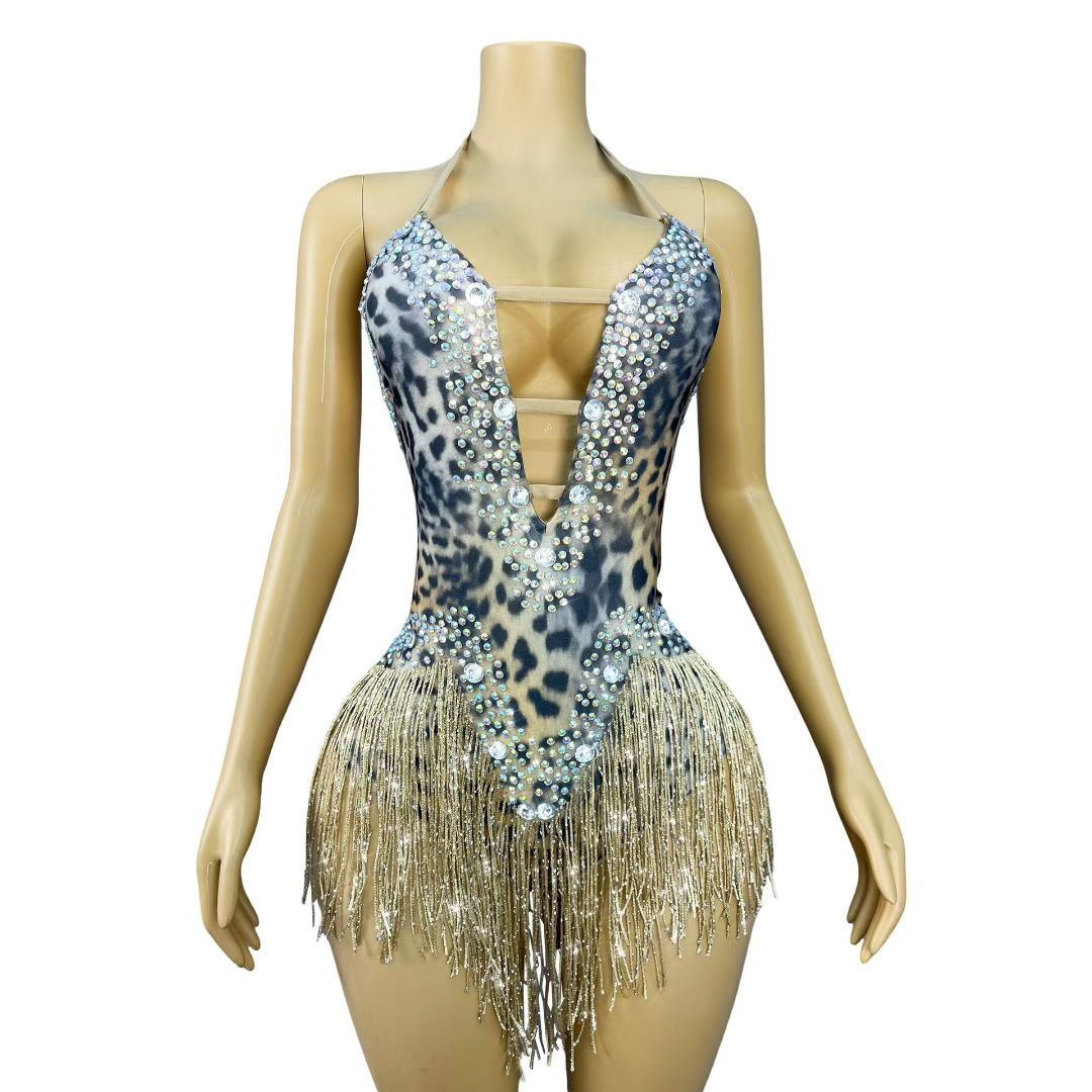 CELESINYI Huangbao Crystal Leopard Bodysuit