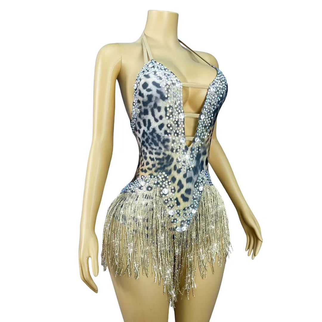 CELESINYI Huangbao Crystal Leopard Bodysuit