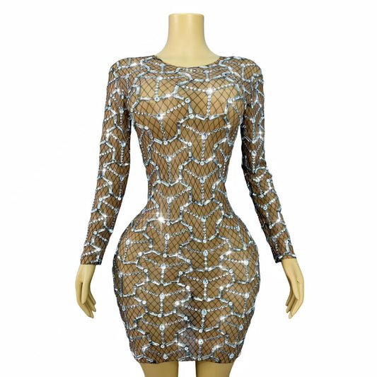 Heizhuwang Spiderweb Rhinestone Long-Sleeve Sheer Dress