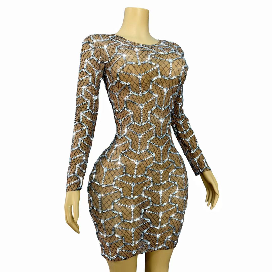 Heizhuwang Spiderweb Rhinestone Long-Sleeve Sheer Dress