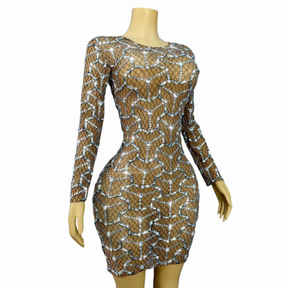 Heizhuwang Spiderweb Rhinestone Long-Sleeve Sheer Dress