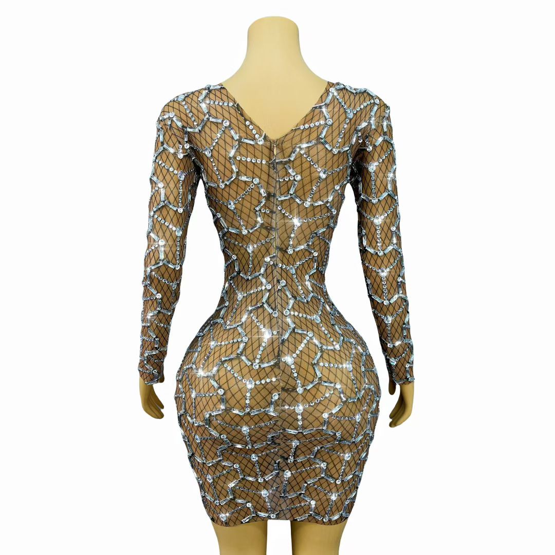 Heizhuwang Spiderweb Rhinestone Long-Sleeve Sheer Dress