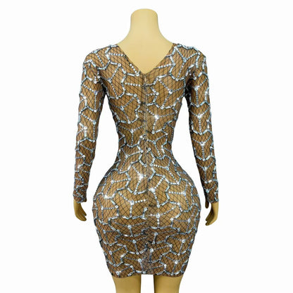 Heizhuwang Spiderweb Rhinestone Long-Sleeve Sheer Dress