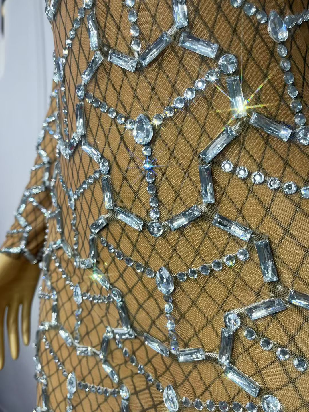 Heizhuwang Spiderweb Rhinestone Long-Sleeve Sheer Dress