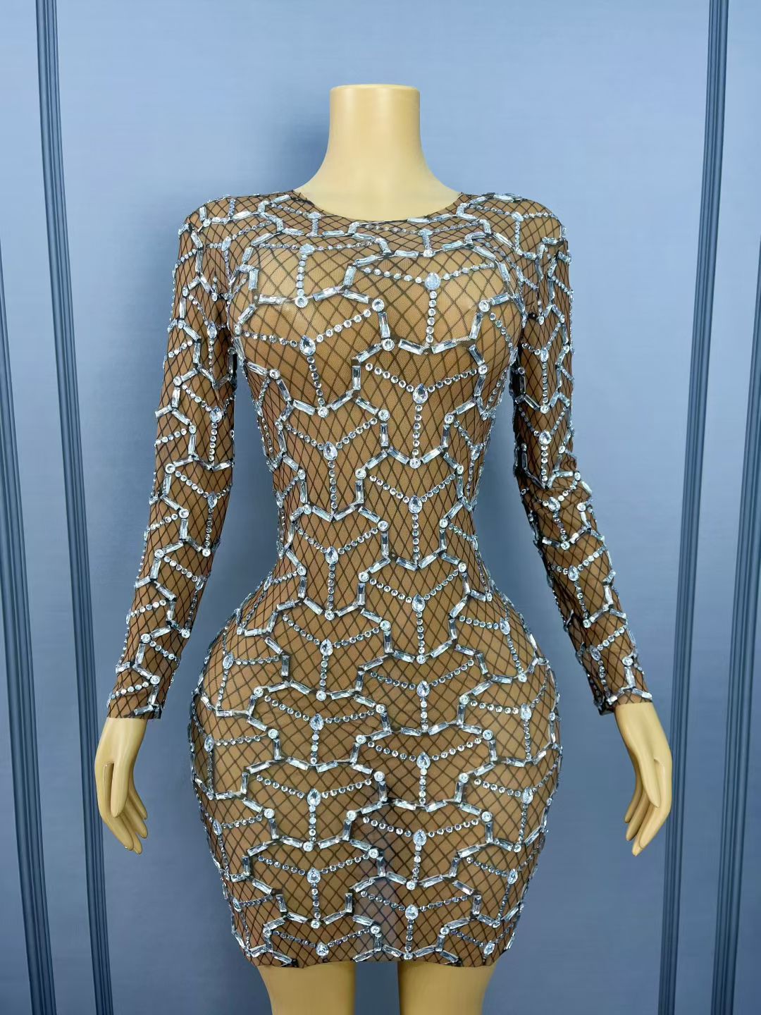 Heizhuwang Spiderweb Rhinestone Long-Sleeve Sheer Dress