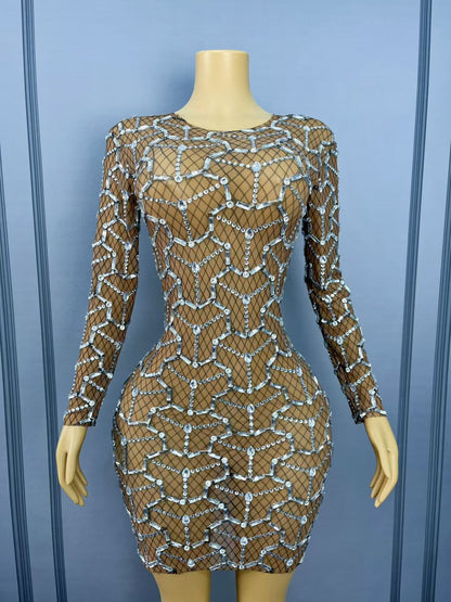 Heizhuwang Spiderweb Rhinestone Long-Sleeve Sheer Dress