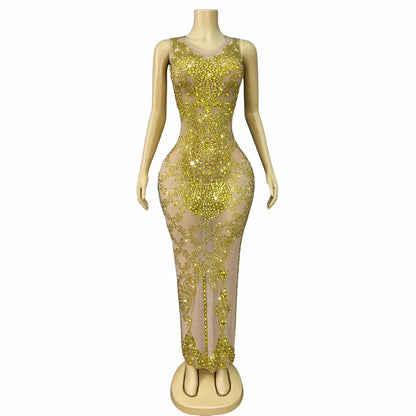 Dajin Gold Rhinestone Sleeveless Dress for Party