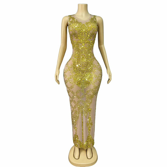 Dajin Gold Rhinestone Sleeveless Dress for Party