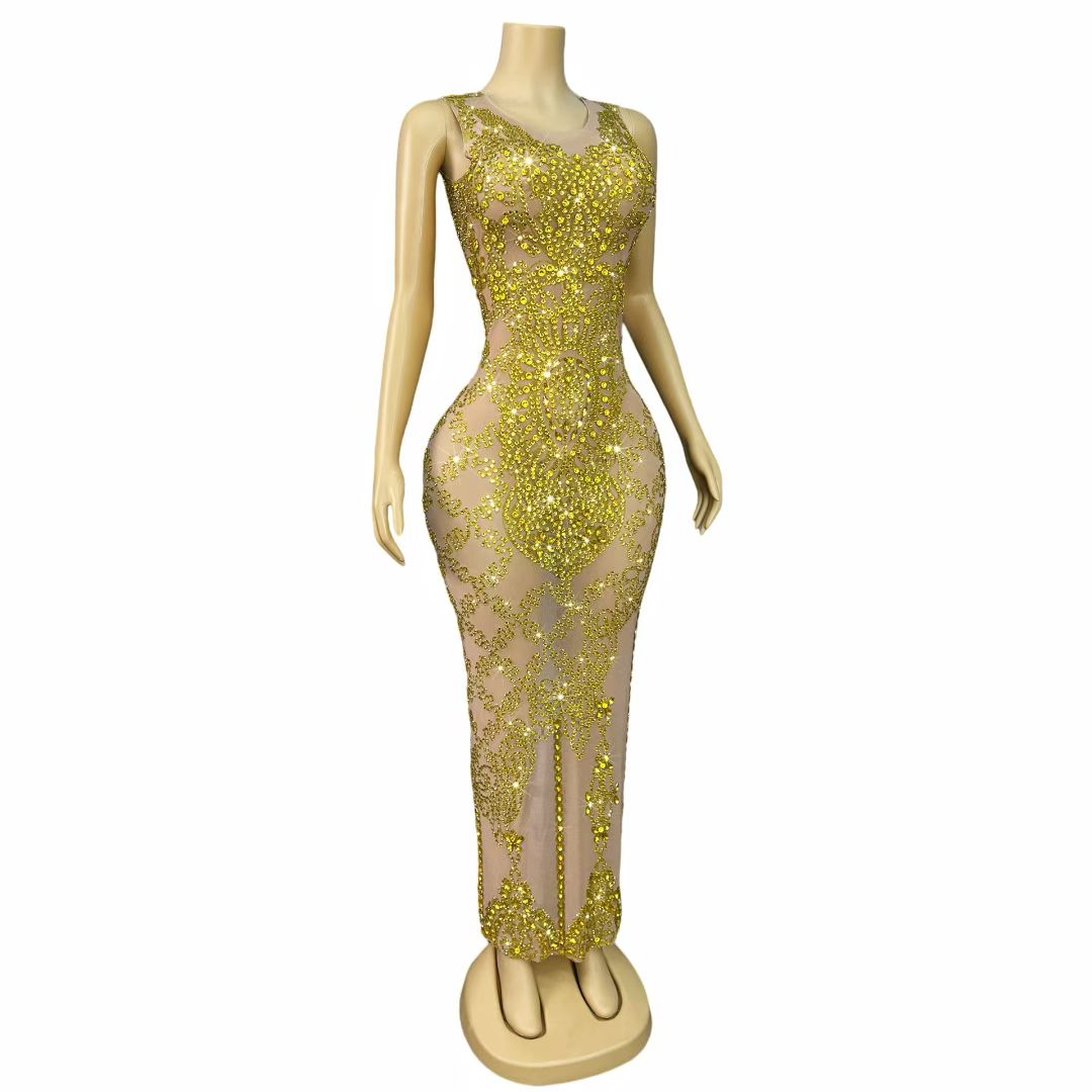 Dajin Gold Rhinestone Sleeveless Dress for Party