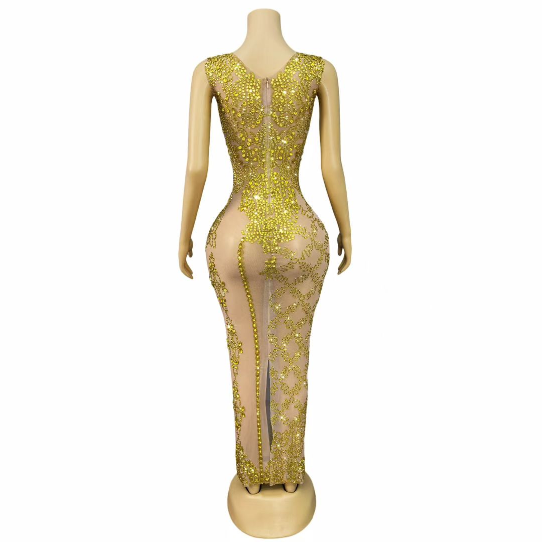 Dajin Gold Rhinestone Sleeveless Dress for Party