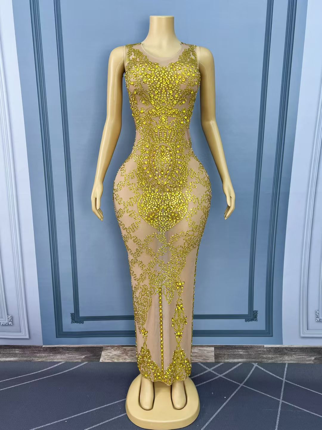 Dajin Gold Rhinestone Sleeveless Dress for Party