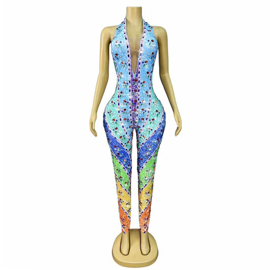 Caiguangku Colorful Printed Diamond Jumpsuit