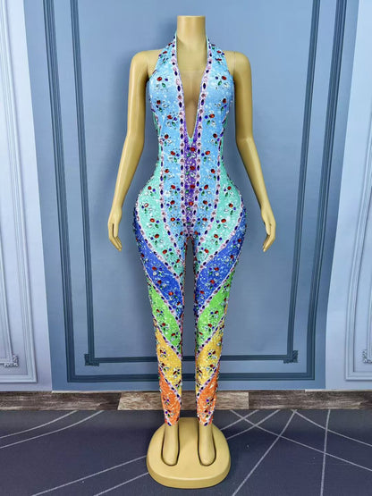 Caiguangku Colorful Printed Diamond Jumpsuit