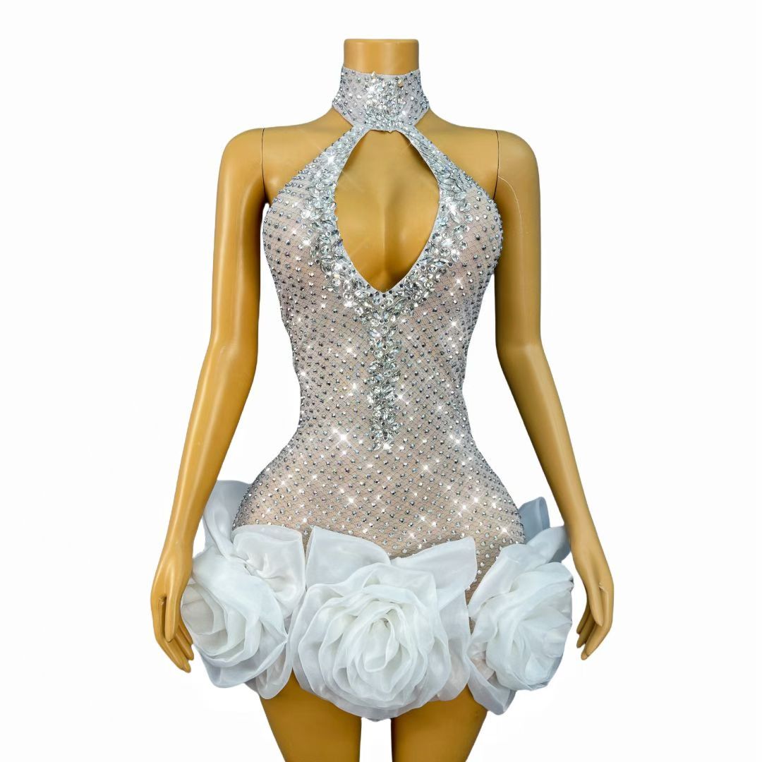 Wanghua Hollow-out Halter Neck Rhinestone Floral Mini Skirt