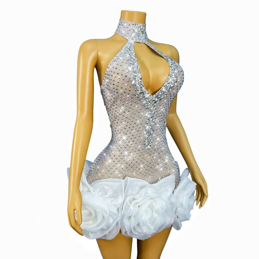 Wanghua Hollow-out Halter Neck Rhinestone Floral Mini Skirt