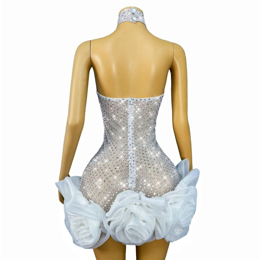 Wanghua Hollow-out Halter Neck Rhinestone Floral Mini Skirt