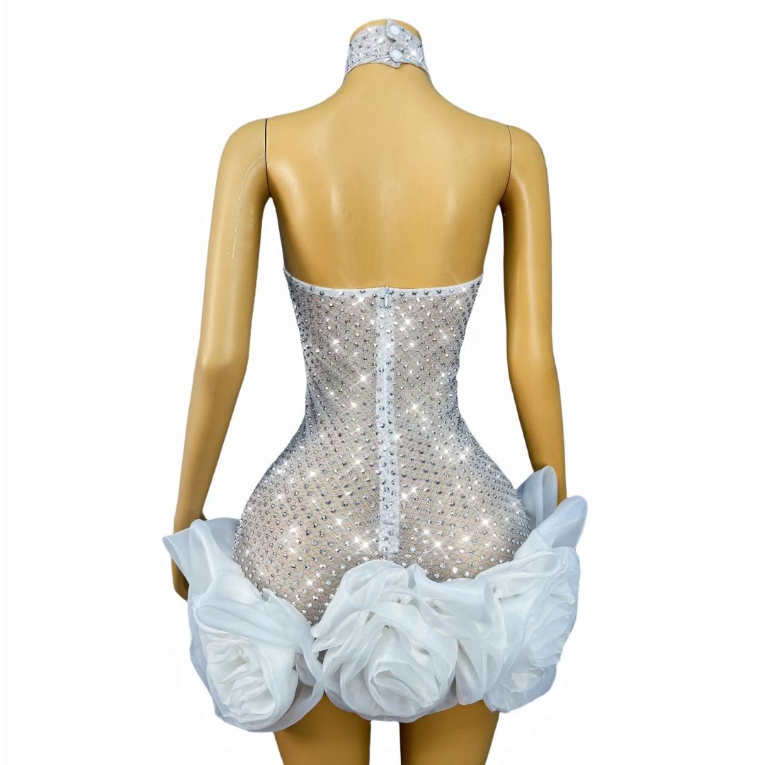Wanghua Hollow-out Halter Neck Rhinestone Floral Mini Skirt