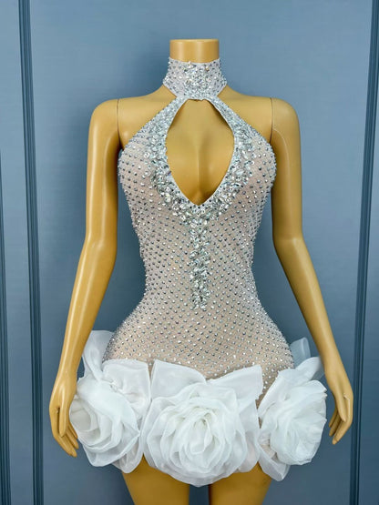 Wanghua Hollow-out Halter Neck Rhinestone Floral Mini Skirt