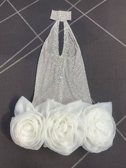 Wanghua Hollow-out Halter Neck Rhinestone Floral Mini Skirt