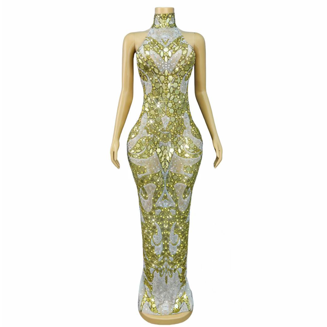 Jincaihua Golden Lens Rhinestone Flower Long Prom Dress