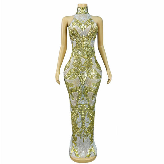 Jincaihua Golden Lens Rhinestone Flower Long Prom Dress