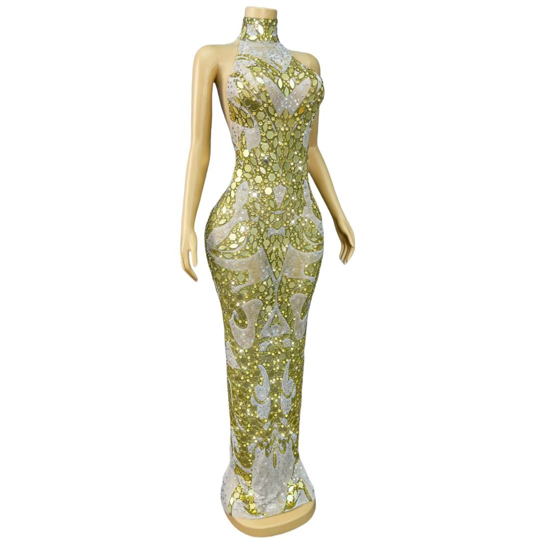 Jincaihua Golden Lens Rhinestone Flower Long Prom Dress