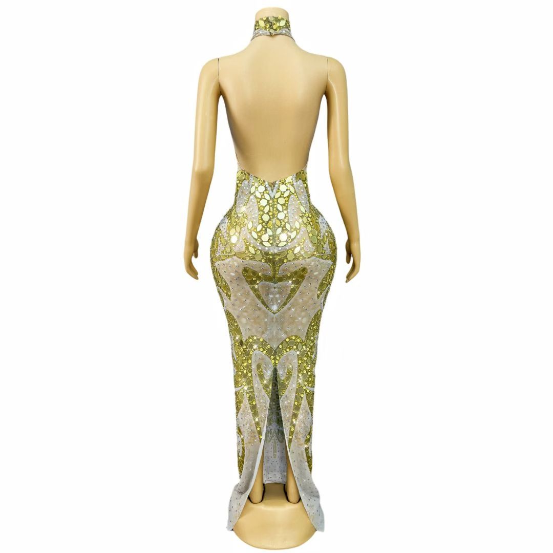 Jincaihua Golden Lens Rhinestone Flower Long Prom Dress