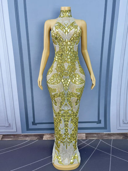 Jincaihua Golden Lens Rhinestone Flower Long Prom Dress