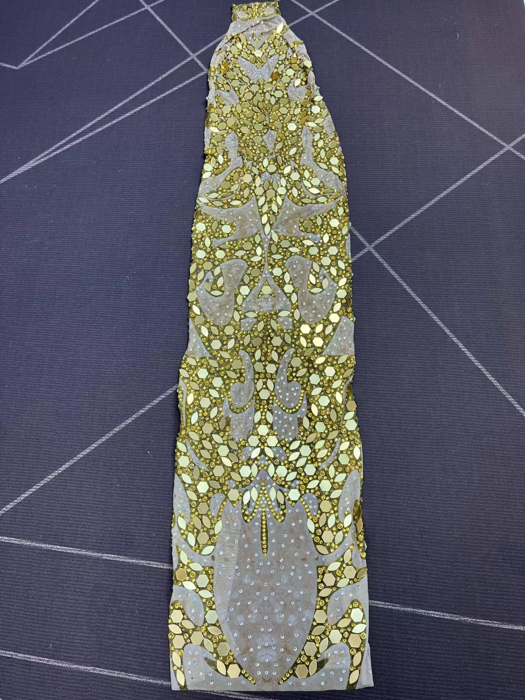 Jincaihua Golden Lens Rhinestone Flower Long Prom Dress