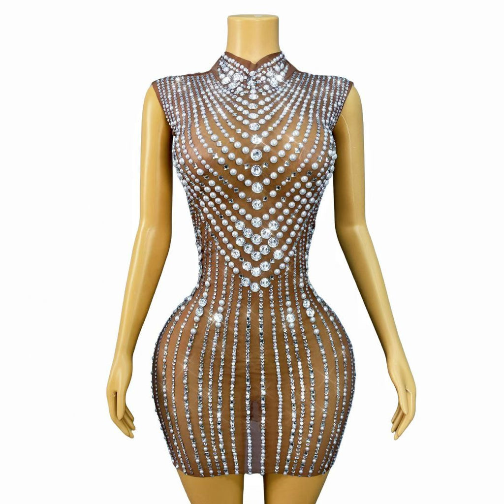 Zhenzhuwang Pearl Diamond Striped Sleeveless Mini Dress