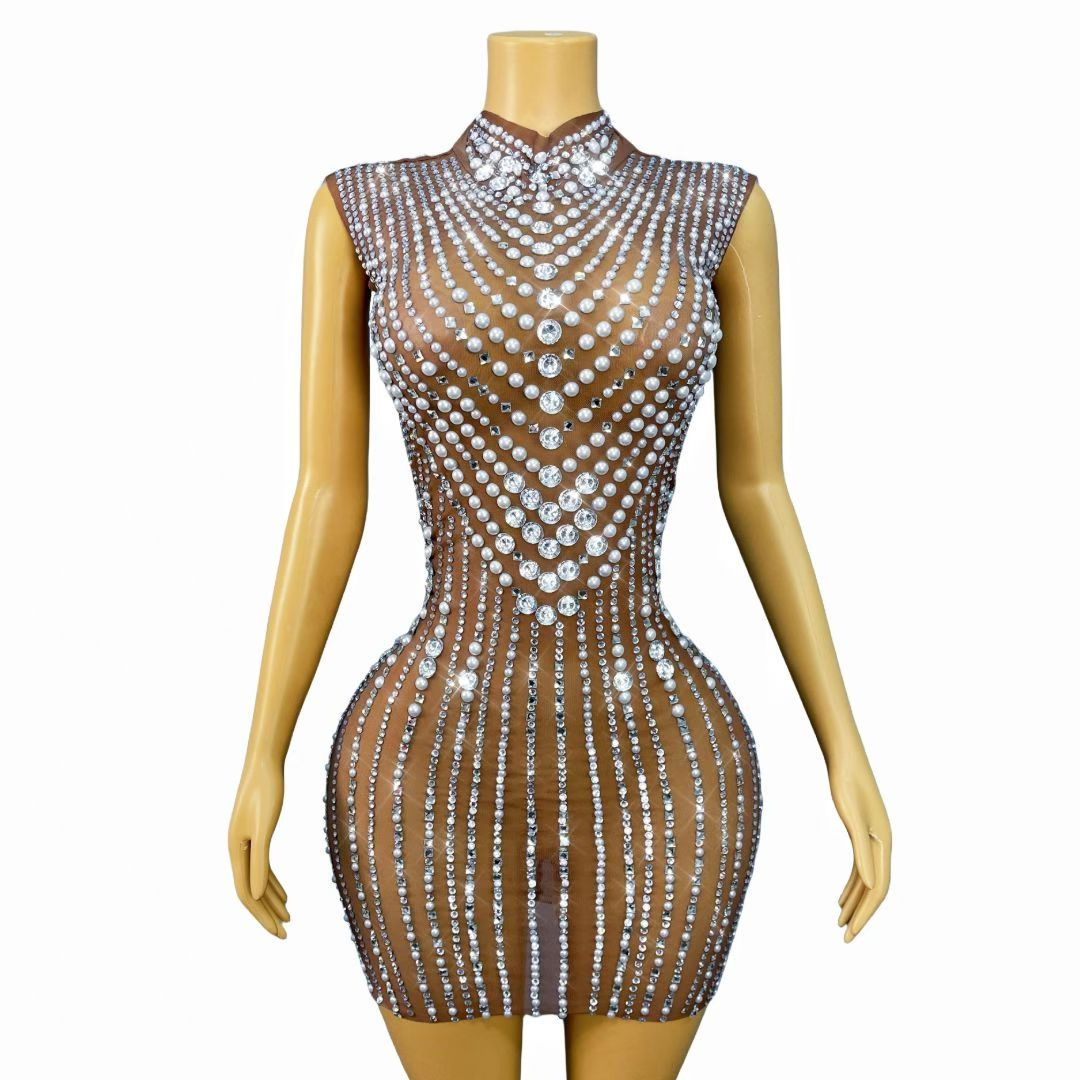 Zhenzhuwang Pearl Diamond Striped Sleeveless Mini Dress