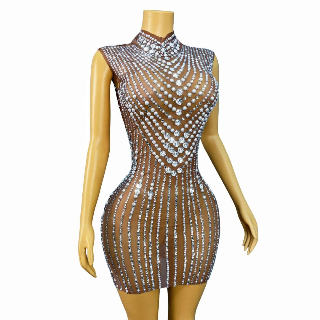 Zhenzhuwang Pearl Diamond Striped Sleeveless Mini Dress