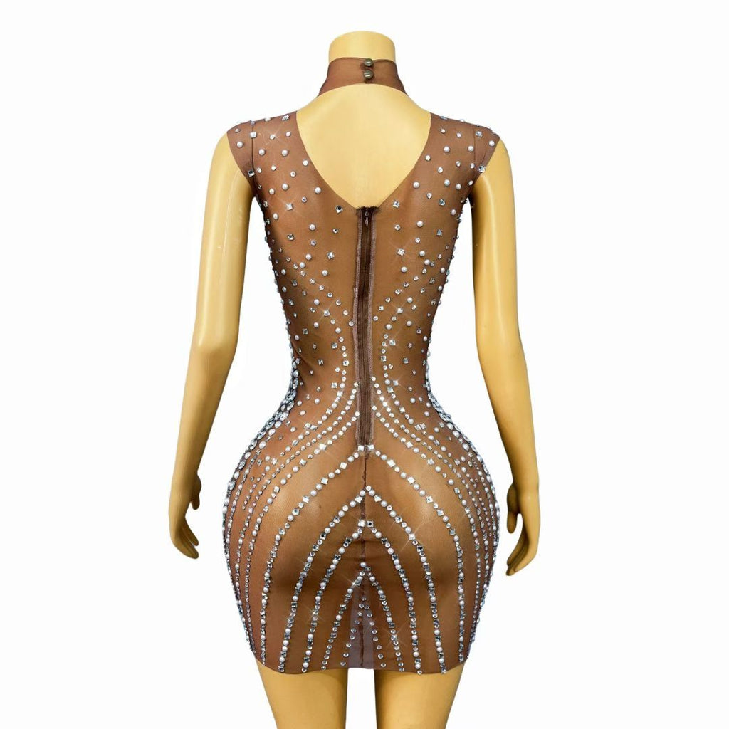 Zhenzhuwang Pearl Diamond Striped Sleeveless Mini Dress