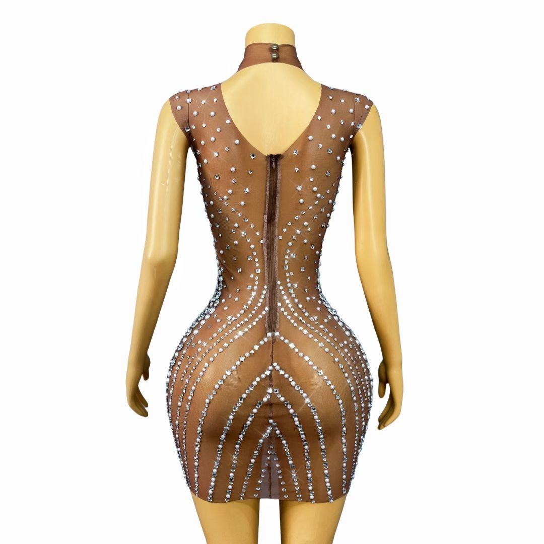 Zhenzhuwang Pearl Diamond Striped Sleeveless Mini Dress