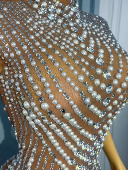 Zhenzhuwang Pearl Diamond Striped Sleeveless Mini Dress