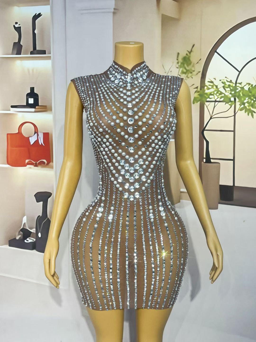Zhenzhuwang Pearl Diamond Striped Sleeveless Mini Dress