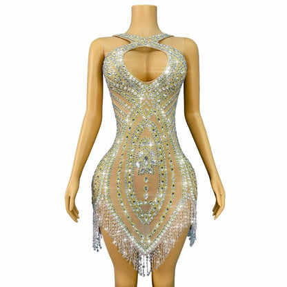 Wuqu Cut-out Design Crystal Pendant Neckline Mini Dress