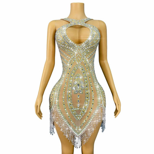 Wuqu Cut-out Design Crystal Pendant Neckline Mini Dress