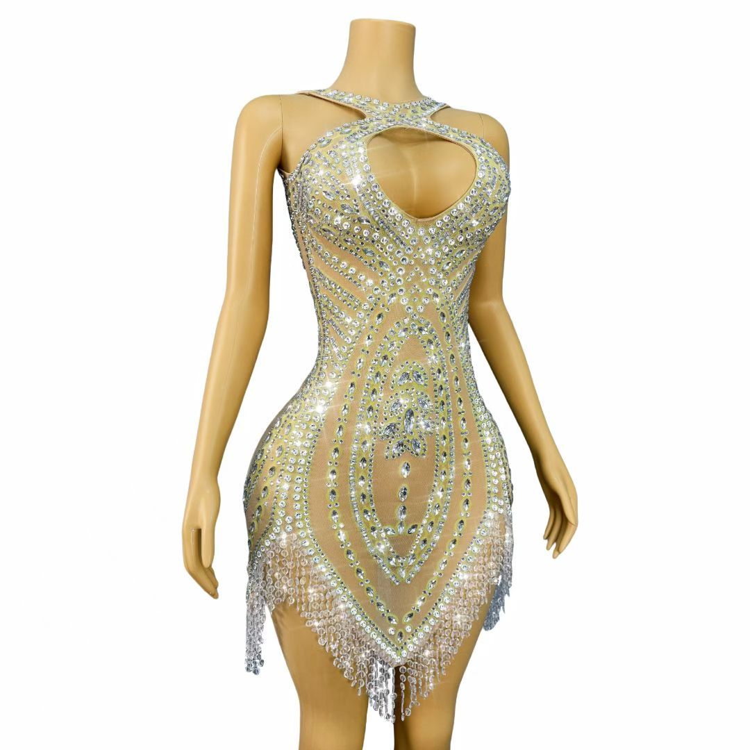 Wuqu Cut-out Design Crystal Pendant Neckline Mini Dress