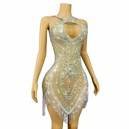 Wuqu Cut-out Design Crystal Pendant Neckline Mini Dress