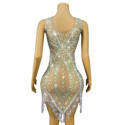 Wuqu Cut-out Design Crystal Pendant Neckline Mini Dress