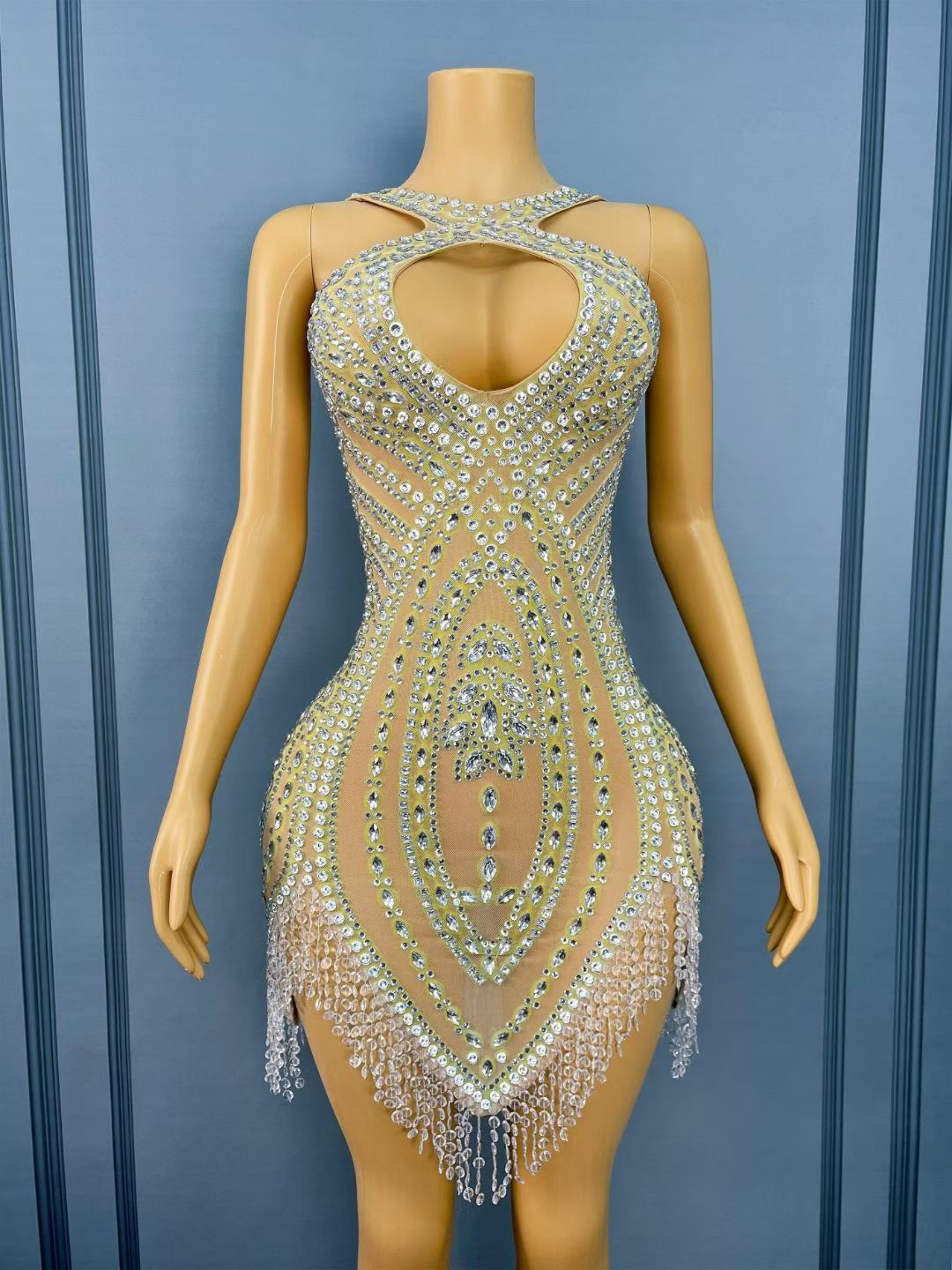 Wuqu Cut-out Design Crystal Pendant Neckline Mini Dress