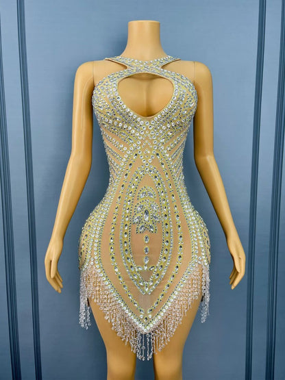 Wuqu Cut-out Design Crystal Pendant Neckline Mini Dress