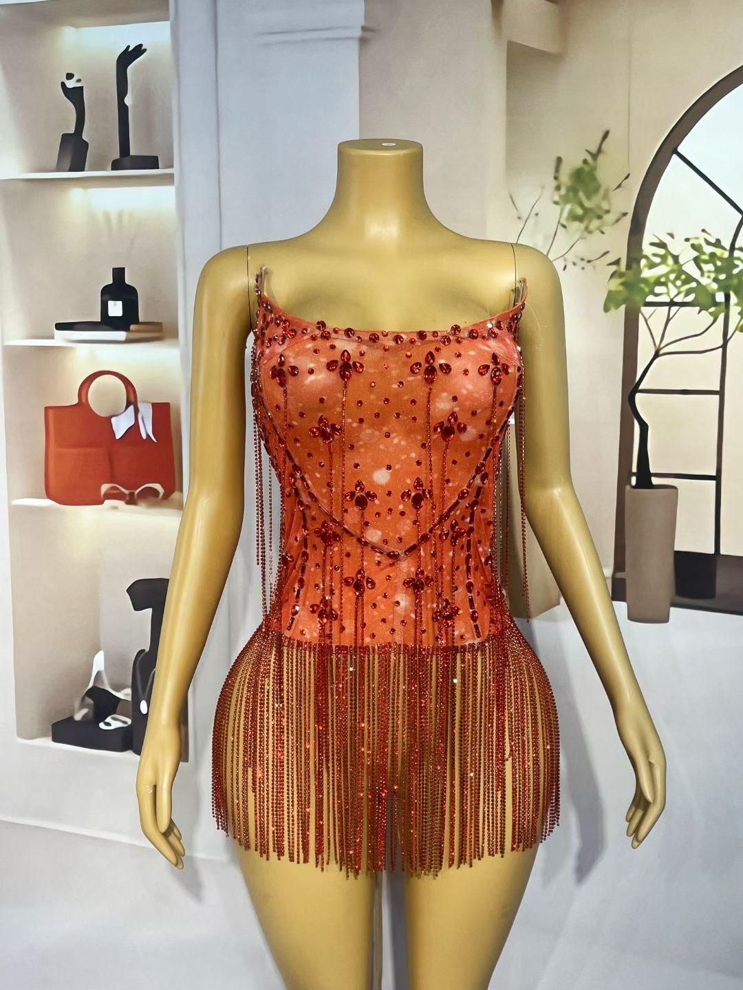 CELESINYI Xiaohong Crystal Tassel Mini Dress