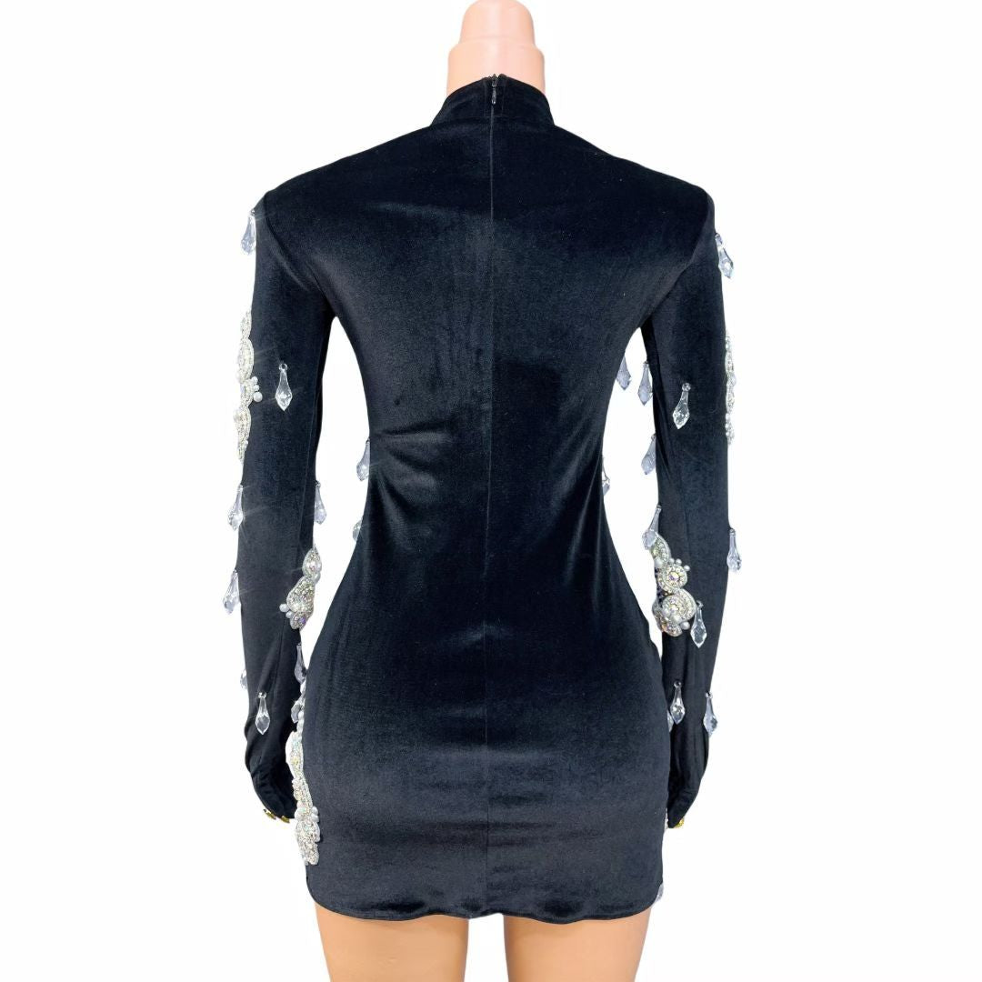 Xiaoheifeng Hollow-Cut Pearl Rhinestone Velvet Mini Skirt with Gloves