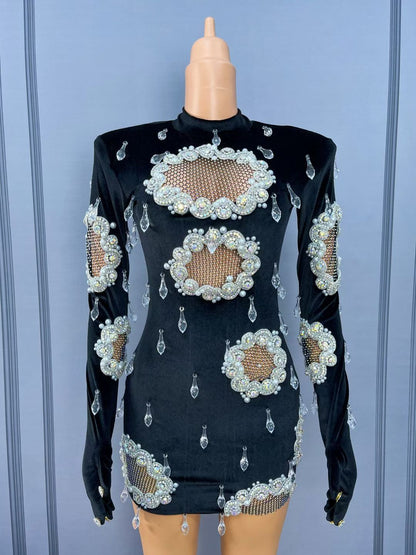 Xiaoheifeng Hollow-Cut Pearl Rhinestone Velvet Mini Skirt with Gloves