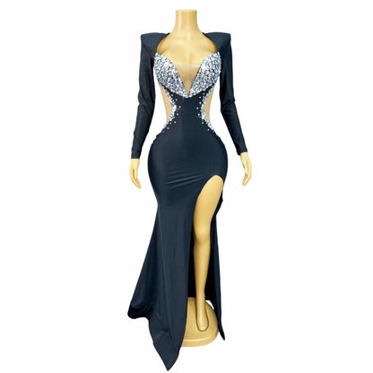 Wuyu Shoulder-padded Mermaid Dress with Openwork Detailing and High Slit