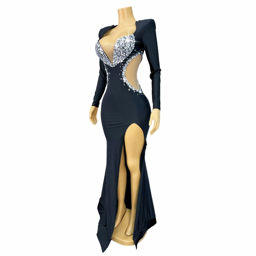 Wuyu Shoulder-padded Mermaid Dress with Openwork Detailing and High Slit